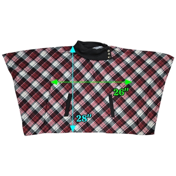 Modcloth Fervour Dark Red Gray Diagonal Plaid Cowl Neck Poncho With Armholes - Picture 3 of 8